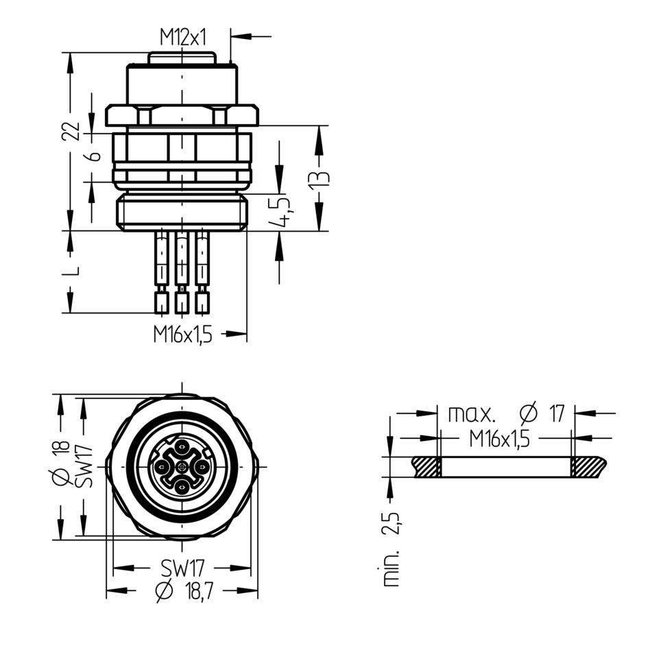 Receptacle, M12, female, straight, 4 poles, D-coded, front wall-mounting, wire contact, Industrial Ethernet