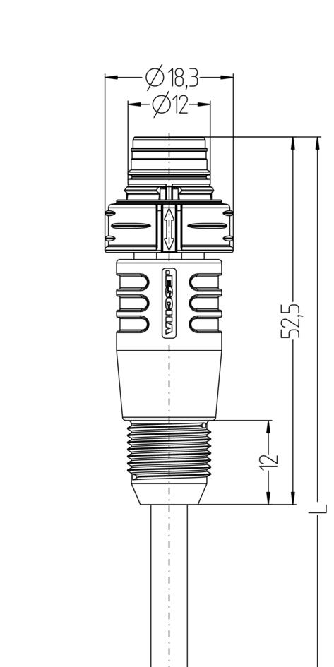 M12, Push-Pull inner locking, male, straight, 4 poles, grip body with thread, rail approved