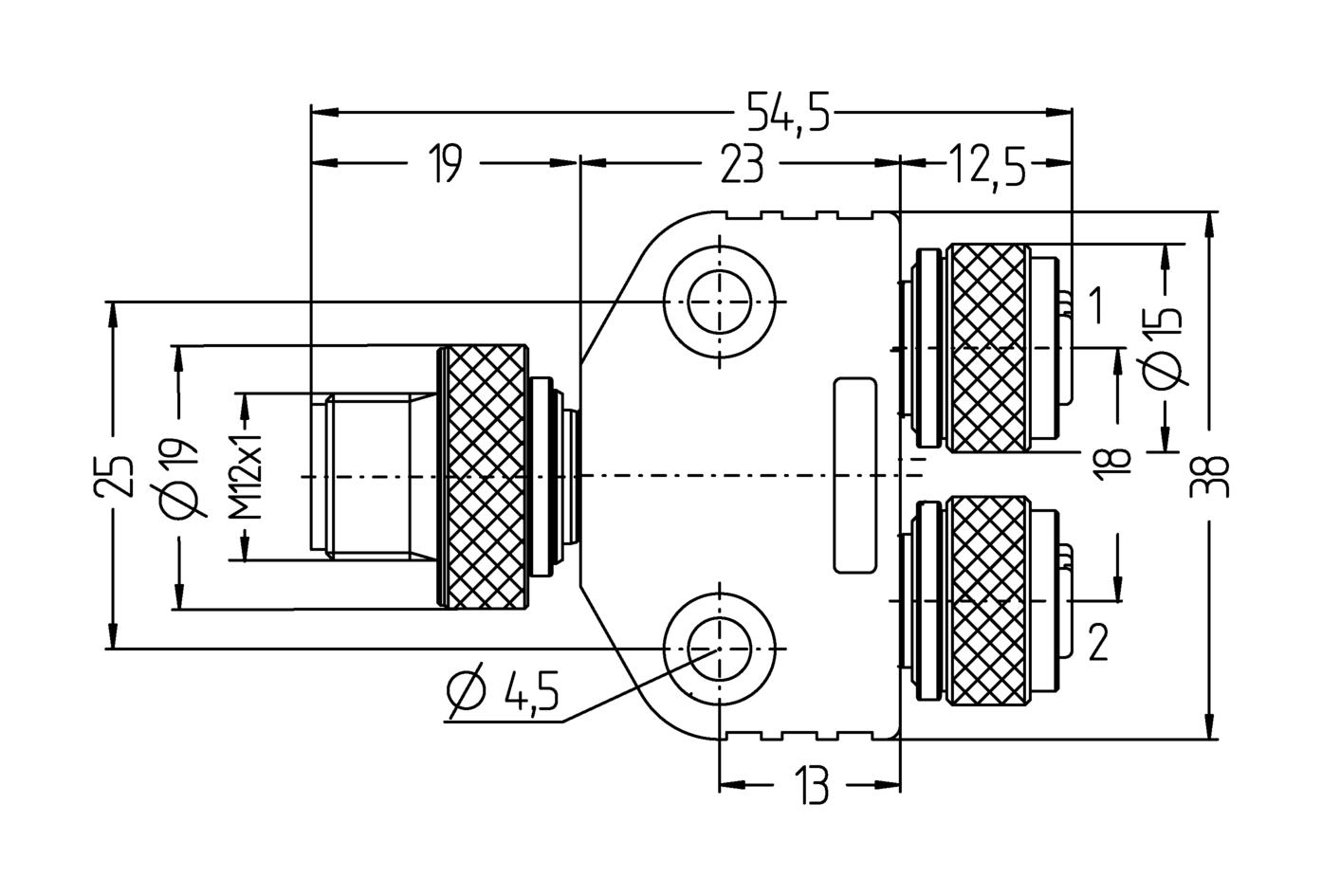 Y-splitter, M12, male, straight, 5 poles, M12, female, straight, 5 poles, M12, female, straight, 5 poles