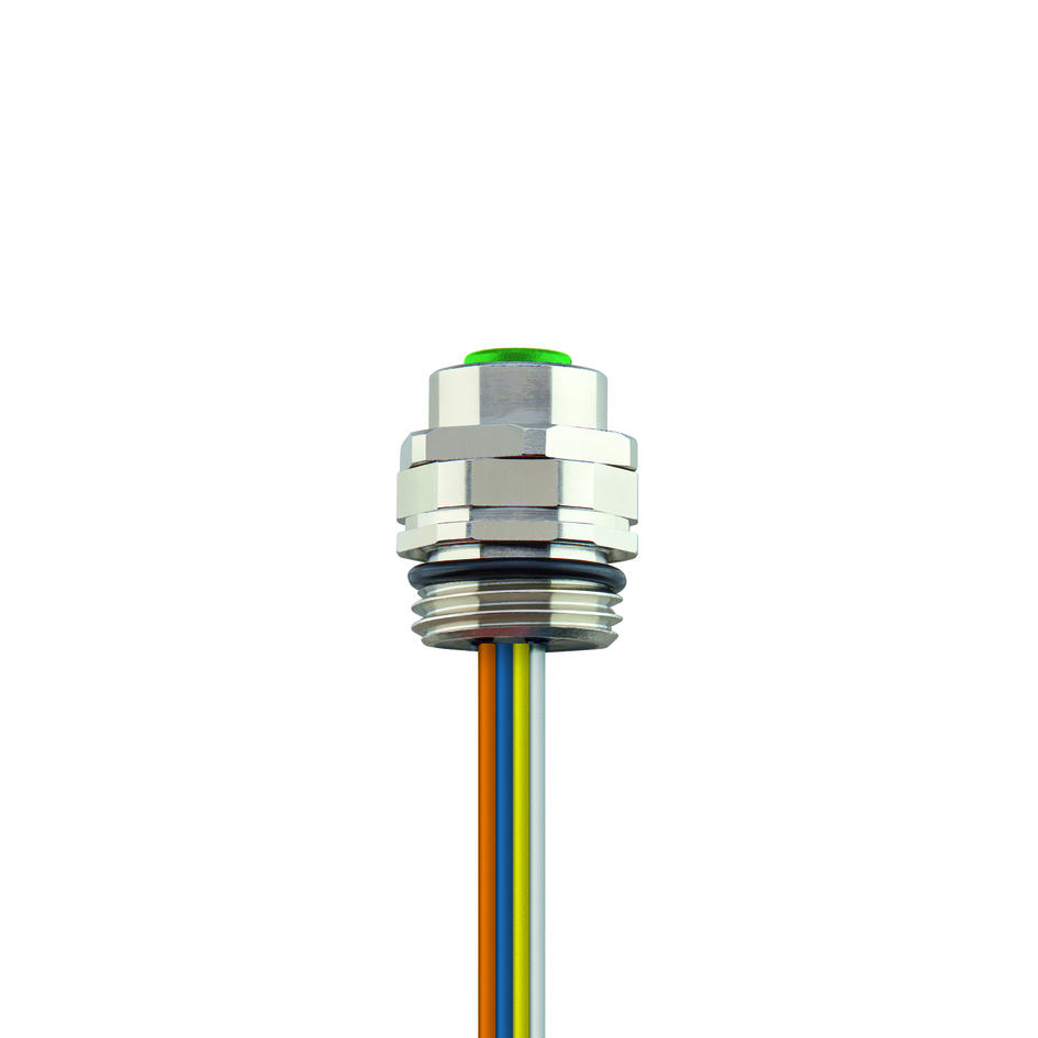 Flansch, M12, Buchse, gerade, 4-polig, D-codiert, Vorderwandmontage, Litzenanschluss, Edelstahl, Industrial Ethernet