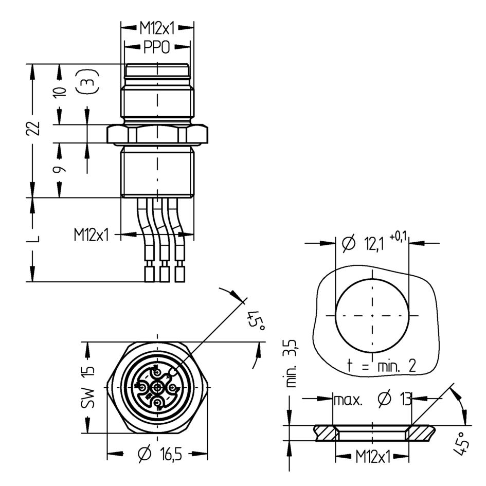 Flansch, M12, Push-Pull Außenverriegelung, Stecker, gerade, 4+PE, Vorderwandmontage, Litzenanschluss