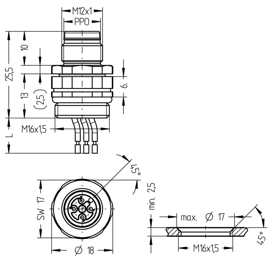 法兰, M12, Push-Pull outer locking, 公头, 直型, 4针脚, 前面板安装, 线芯连接