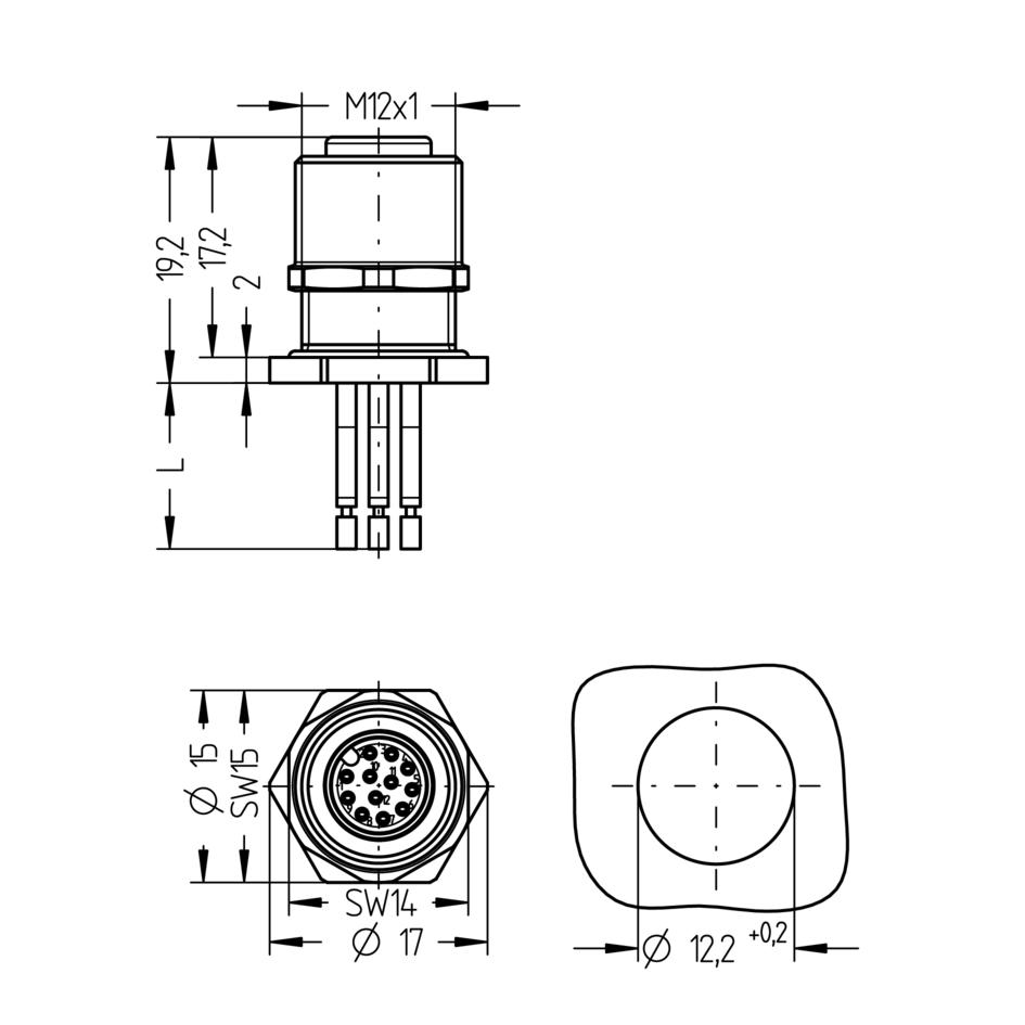 Receptacle, M12, female, straight, 12 poles, back wall-mounting, wire contact