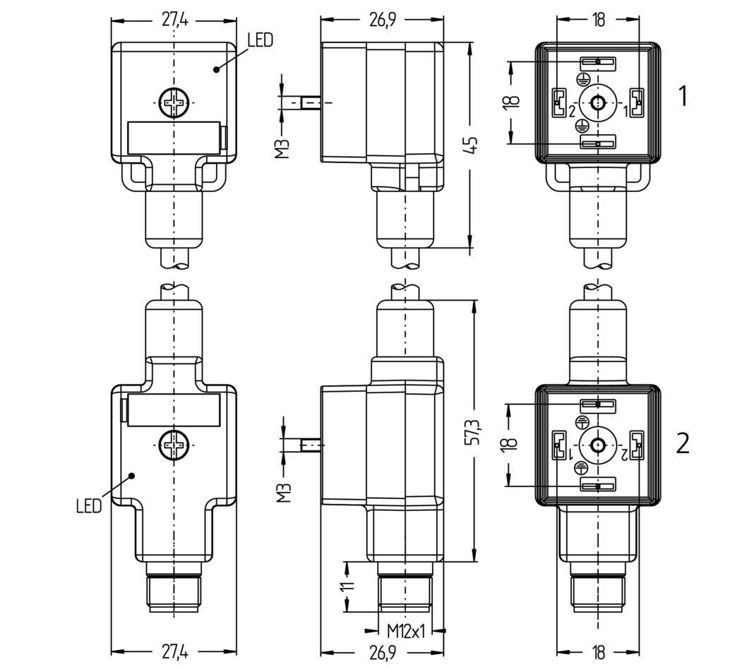 Doppelventilstecker, Bauform A, 2+PE gebrückt, Transildiode, M12 Anschluss, Sensor-/Aktorleitung