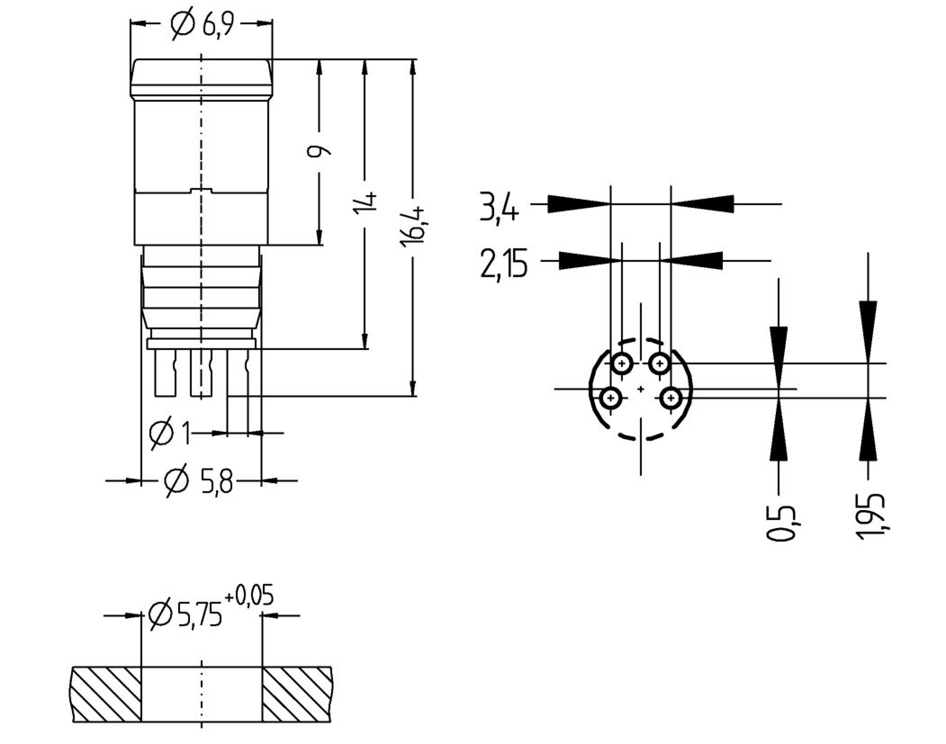 Einbaustecker, Ø8mm snap, Stecker, gerade, 4-polig, Lötanschluss