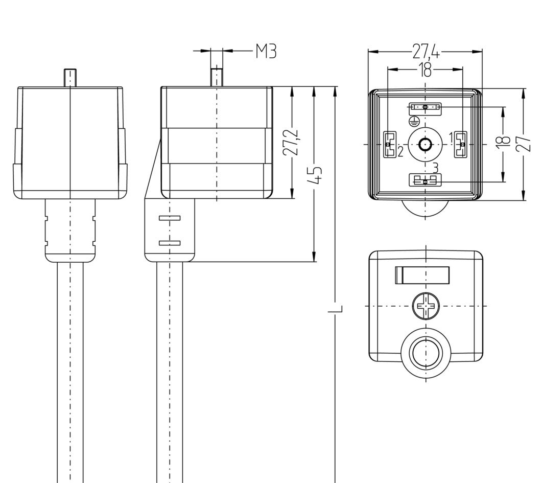 Valve connector, housing style A, straight, 3+PE, wire contact, sensor-/actuator cable