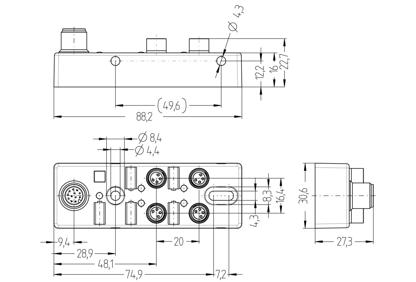 I/O-junctions passive, 4 ports, top contact, M8, female, 4 poles, M12, male, 12 poles