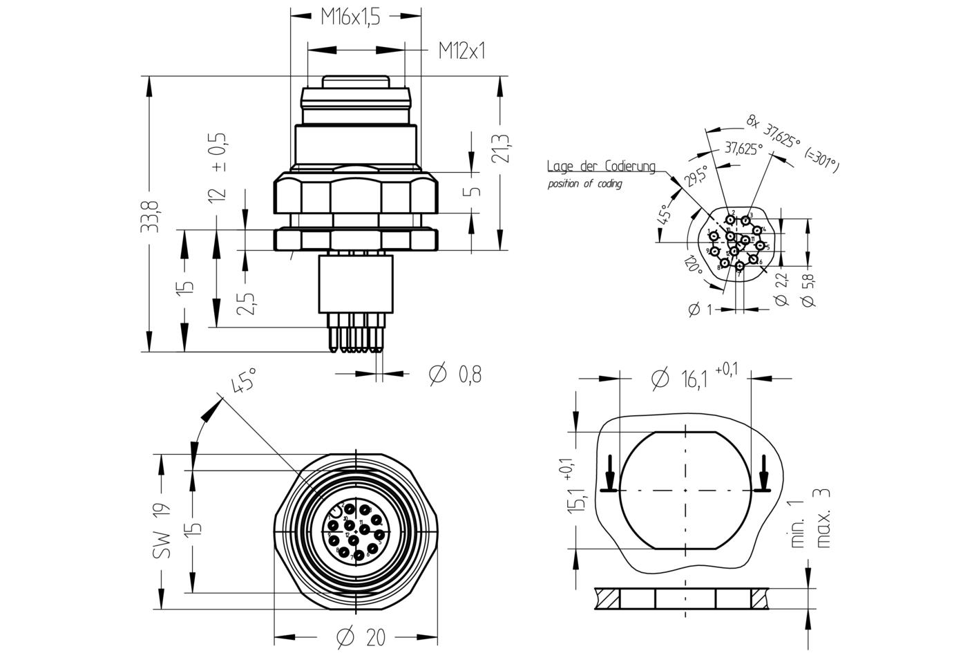 Receptacle, M12, female, straight, 12 poles, back wall-mounting, print contact