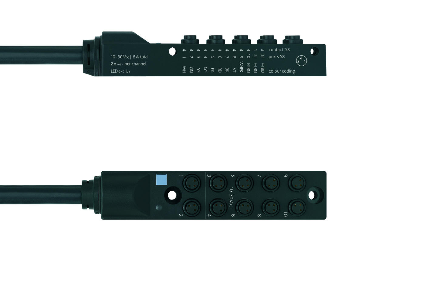 I/O-junctions passive, 10 ports, fixed cable connection, Ø8mm snap, female, 3 poles