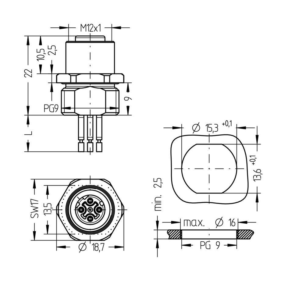 Receptacle, M12, female, straight, 4 poles, D-coded, front wall-mounting, wire contact, Industrial Ethernet