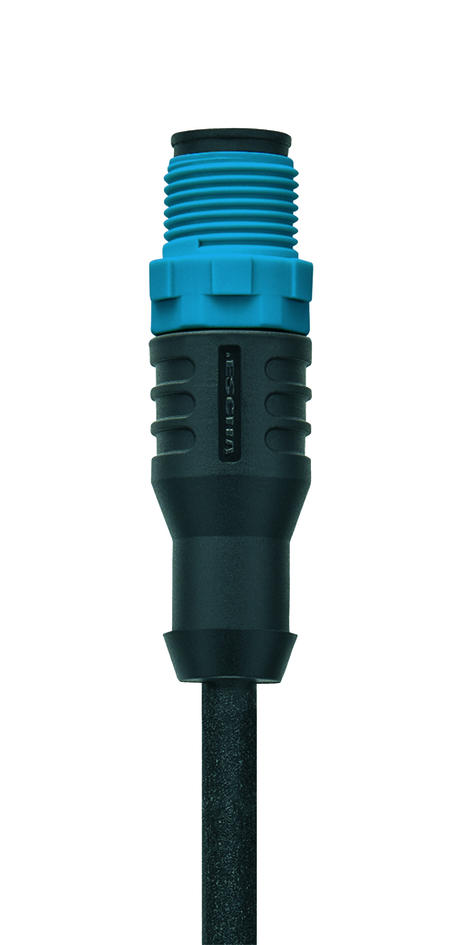 M12, female, angled, 4 poles, M12, male, straight, 4 poles, plastic coupling nut, blue, sensor-/actuator cable