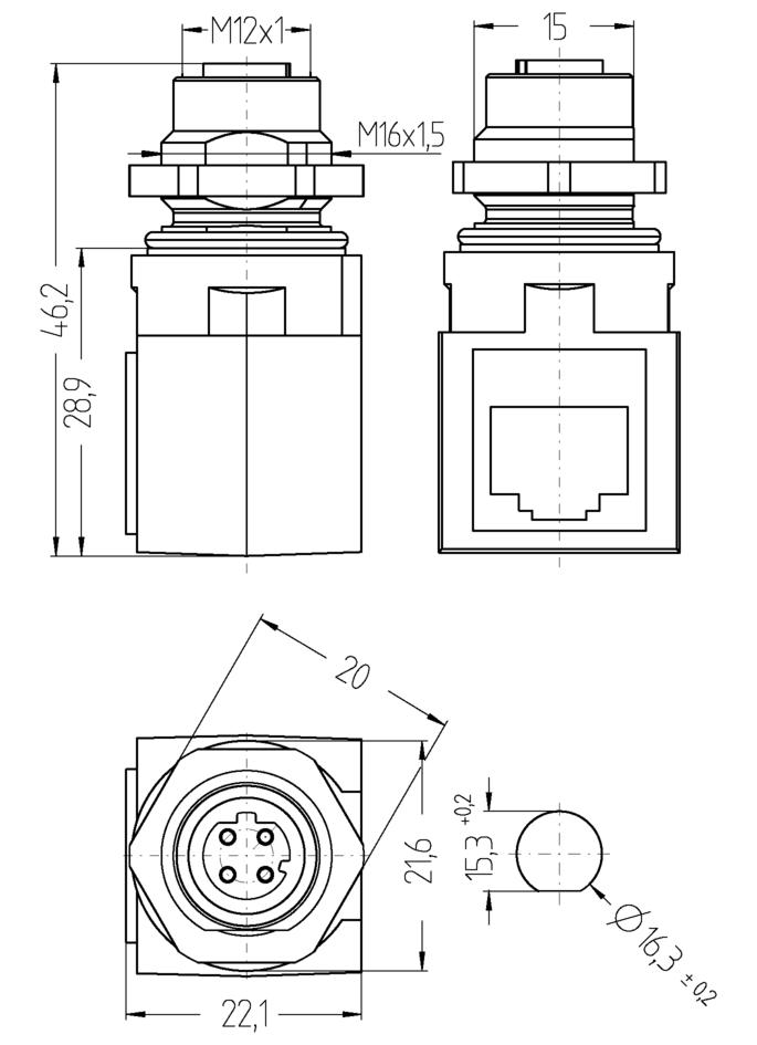 Wanddurchführung, M12, Buchse, gewinkelt, 4-polig, D-codiert, RJ45, Buchse, gerade, 8-polig, Hinterwandmontage, geschirmt, Industrial Ethernet