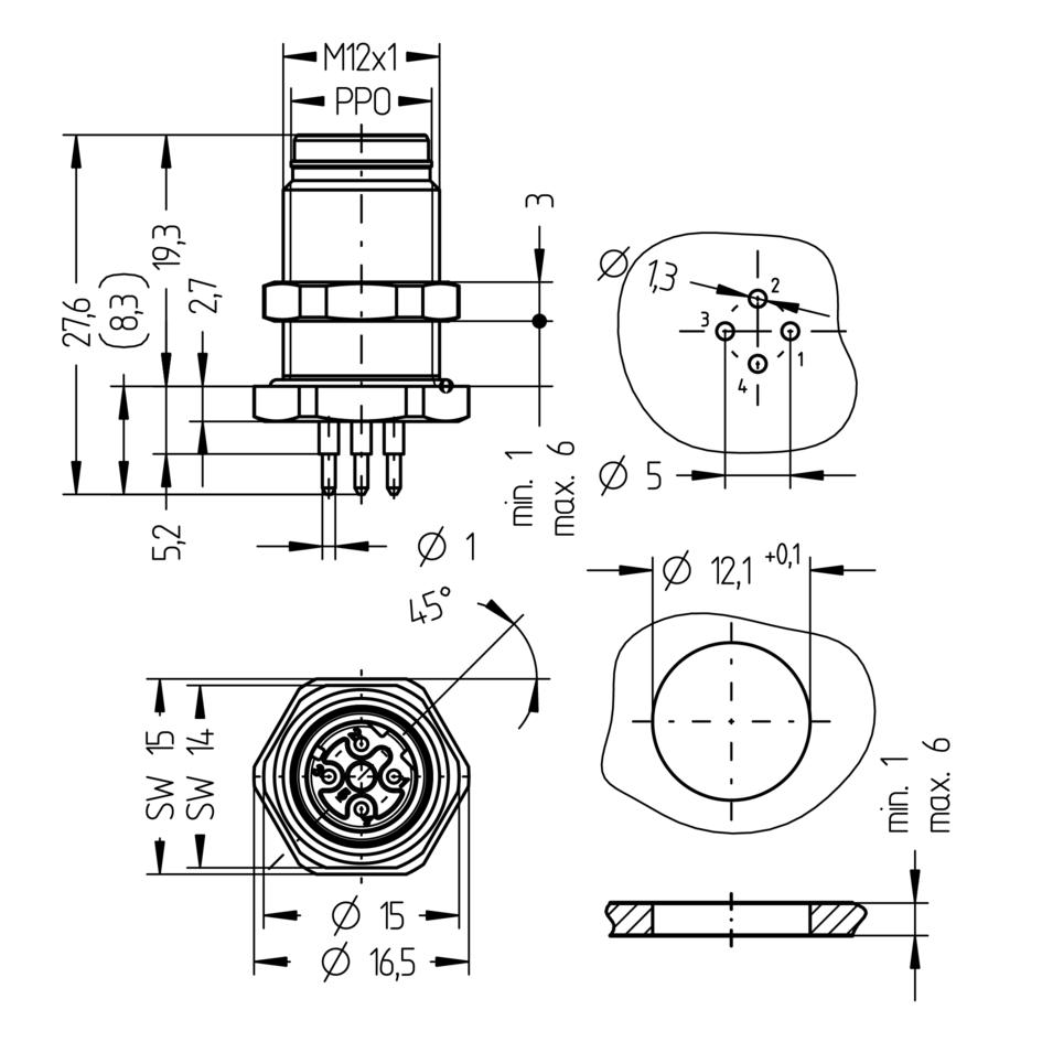 法兰, M12, Push-Pull outer locking, 公头, 直型, 4针脚, D-编码, 后面板安装, PC板-连接, 工业以太网