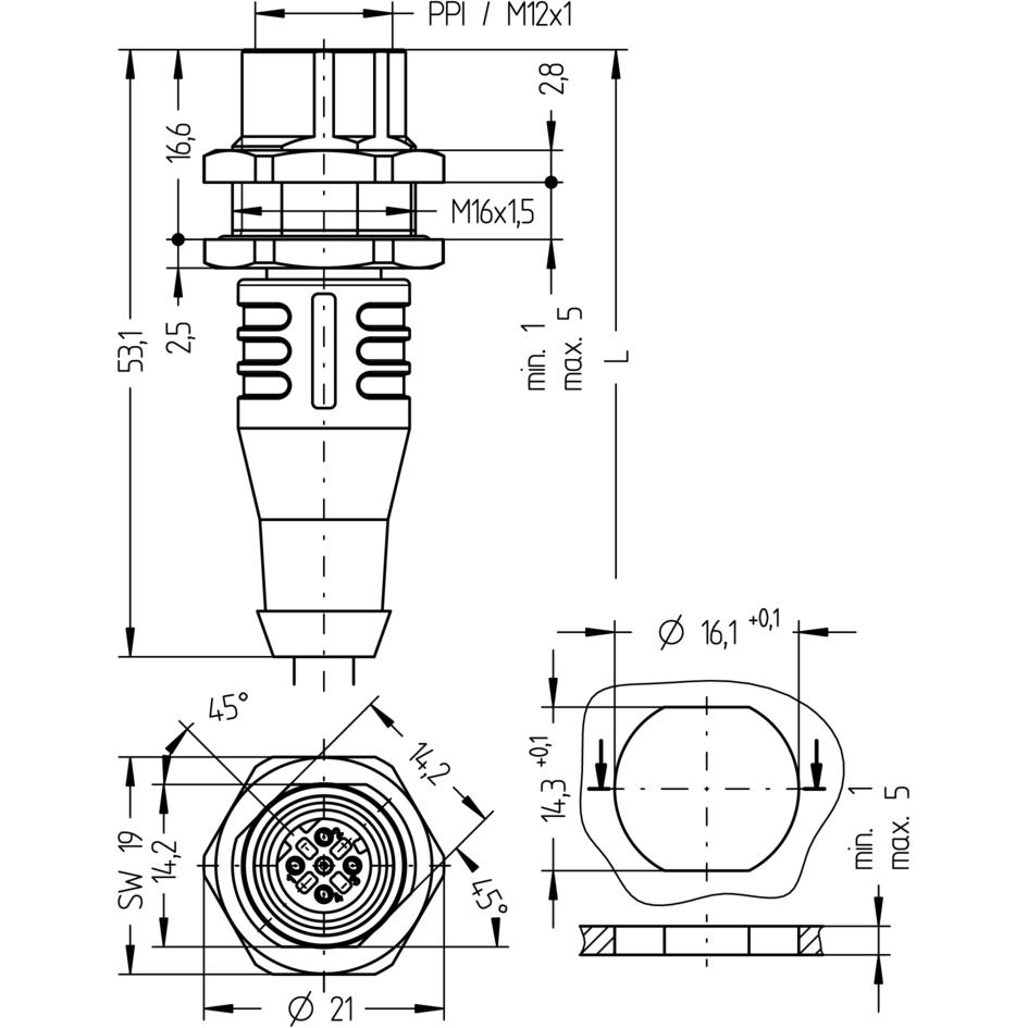 Flansch Anschlussleitung, M12, Push-Pull Innenverriegelung, Buchse, gerade, 4-polig, D-codiert, Hinterwandmontage, geschirmt, Industrial Ethernet