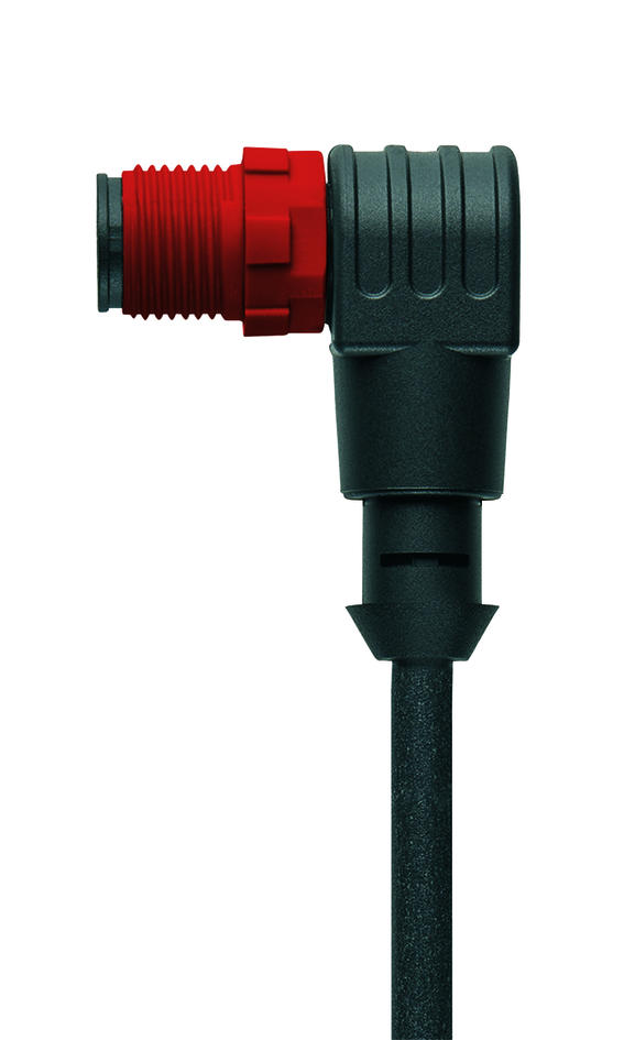 M12, male, angled, 4 poles, plastic coupling nut, red, sensor-/actuator cable