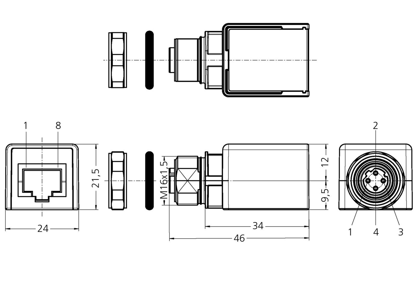 直通穿墙式, M12, 母头, 直型, 4针脚, D-编码, RJ45, 母头, 直型, 8针脚, 后面板安装, 屏蔽, 工业以太网