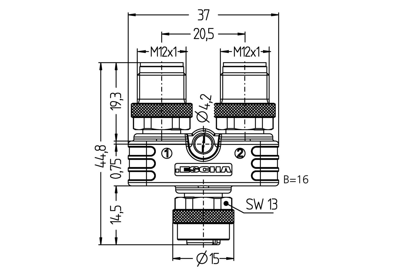 Y型分离器, M12, 母头, 直型, 8针脚, M12, 公头, 直型, 8针脚, M12, 公头, 直型, 8针脚, 屏蔽