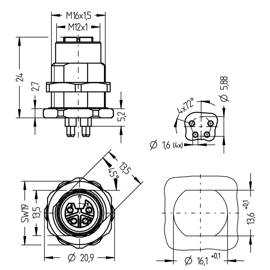 Receptacle, M12, female, straight, 4 poles, L-coded, back wall-mounting, print contact, POWER