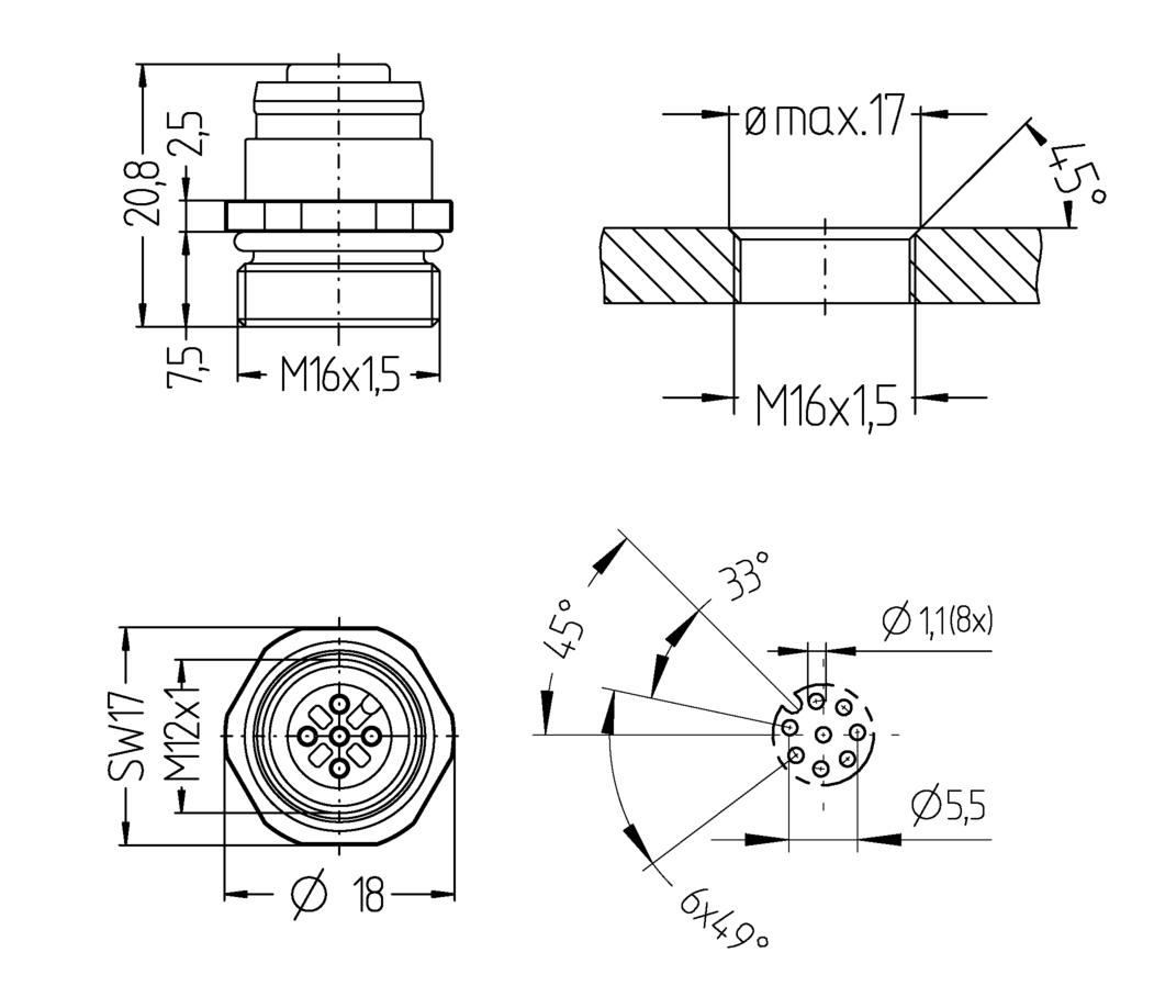 Receptacle, M12, female, straight, 8 poles, front wall-mounting, soldering contact, stainless steel