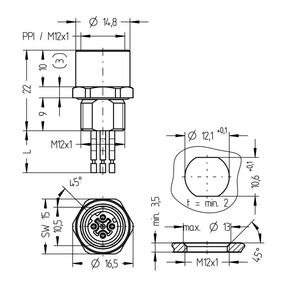 Receptacle, M12, Push-Pull inner locking, female, straight, 4 poles, D-coded, front wall-mounting, wire contact, Industrial Ethernet