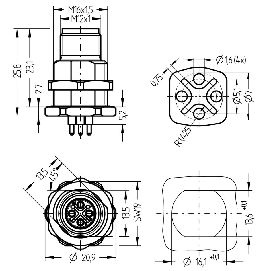 Receptacle, M12, male, straight, 3+PE, S-coded, back wall-mounting, print contact, POWER