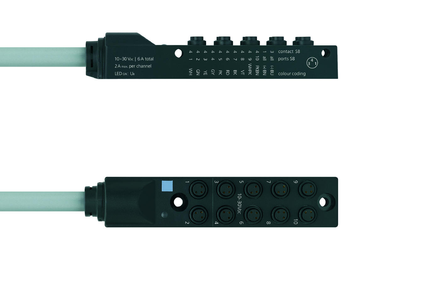 I/O-Modul passiv, 10 Ports, Festkabelanschluss, Ø8mm snap, Buchse, 3-polig