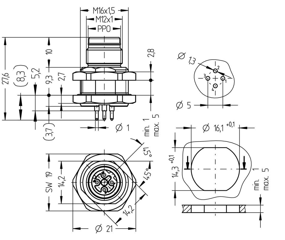 法兰, M12, Push-Pull outer locking, 公头, 直型, 4针脚, D-编码, 后面板安装, PC板-连接, 工业以太网