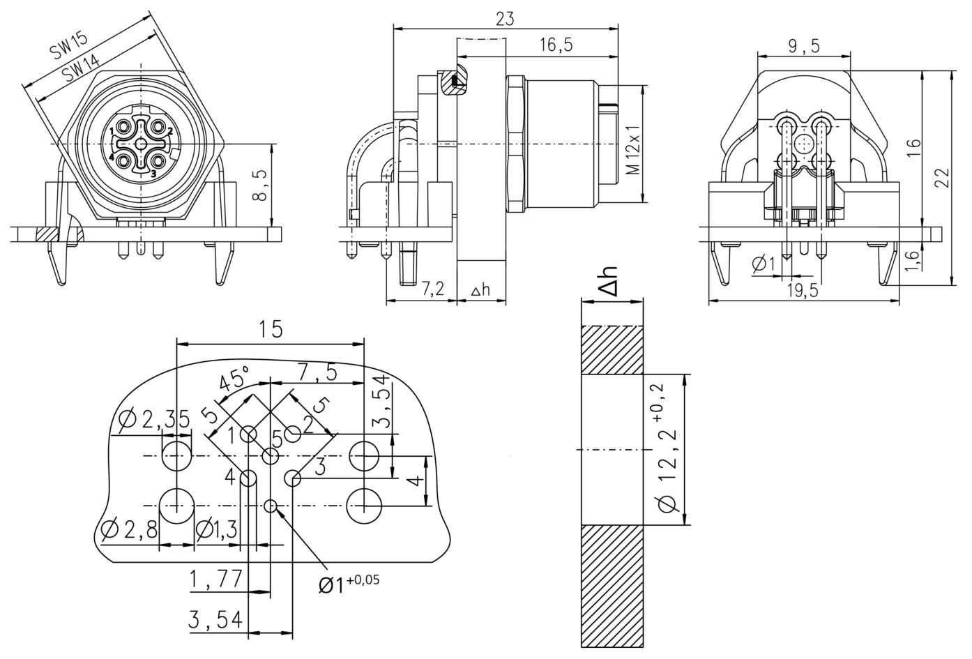 Receptacle, M12, female, angled, 4 poles, D-coded, back wall-mounting, print contact, shielded, Industrial Ethernet