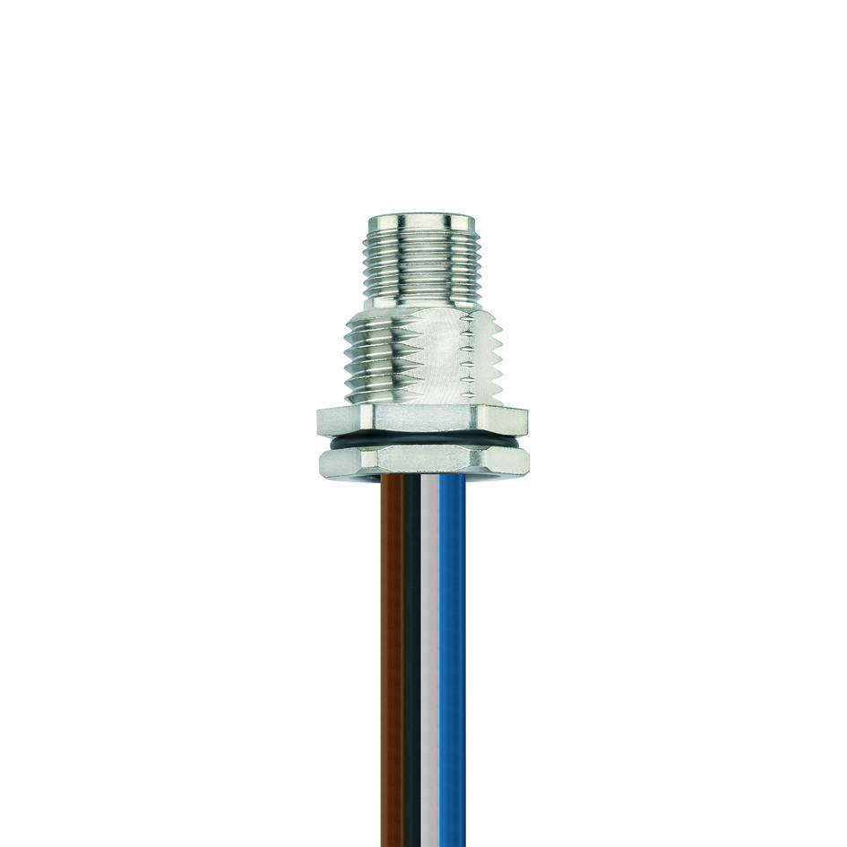 Flansch, M12, Stecker, gerade, 4-polig, T-codiert, Hinterwandmontage, Litzenanschluss, POWER