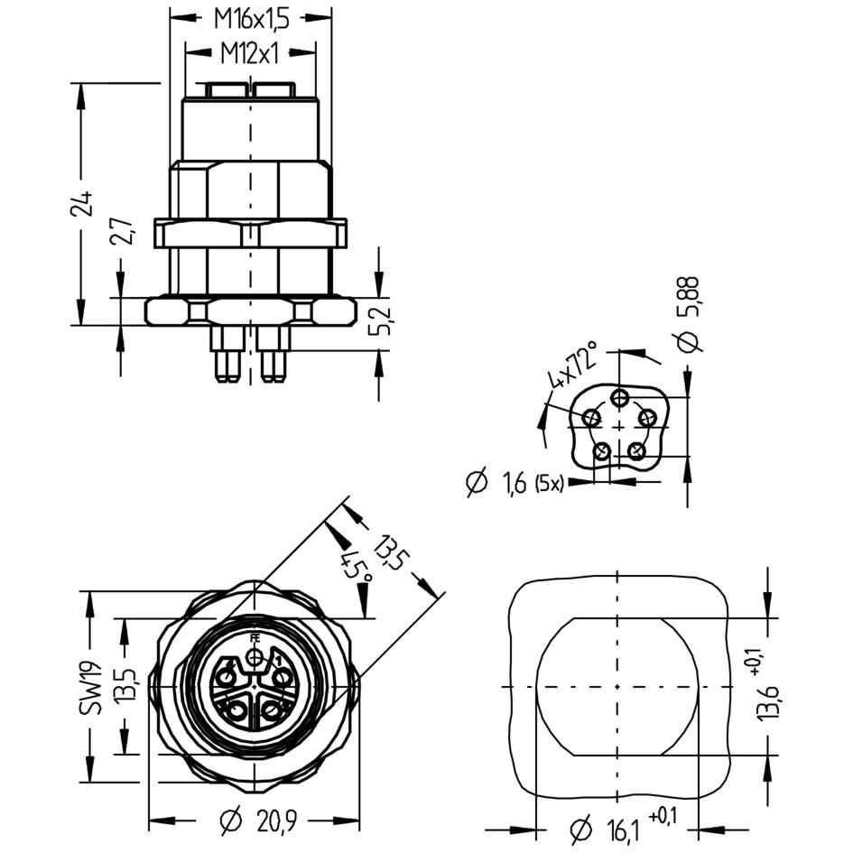 Receptacle, M12, female, straight, 4+FE, L-coded, back wall-mounting, print contact, POWER