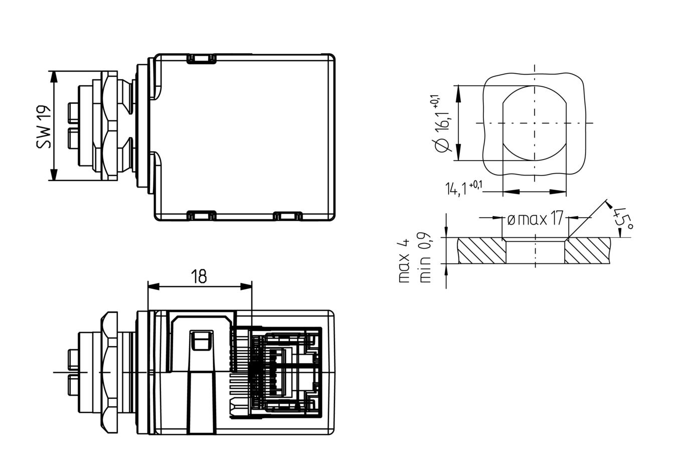 Panel feed through, M12, female, angled, 8 poles, X-coded, RJ45, female, straight, 8 poles, back wall-mounting, shielded, Industrial Ethernet