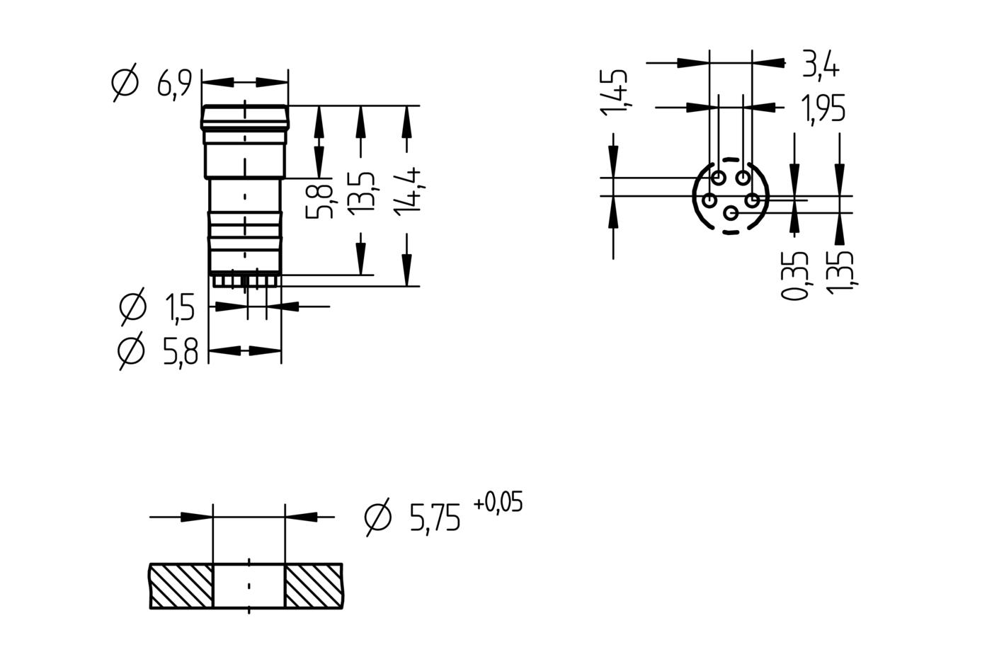 Einbaustecker, Ø8mm snap, Stecker, gerade, 5-polig, Lötanschluss