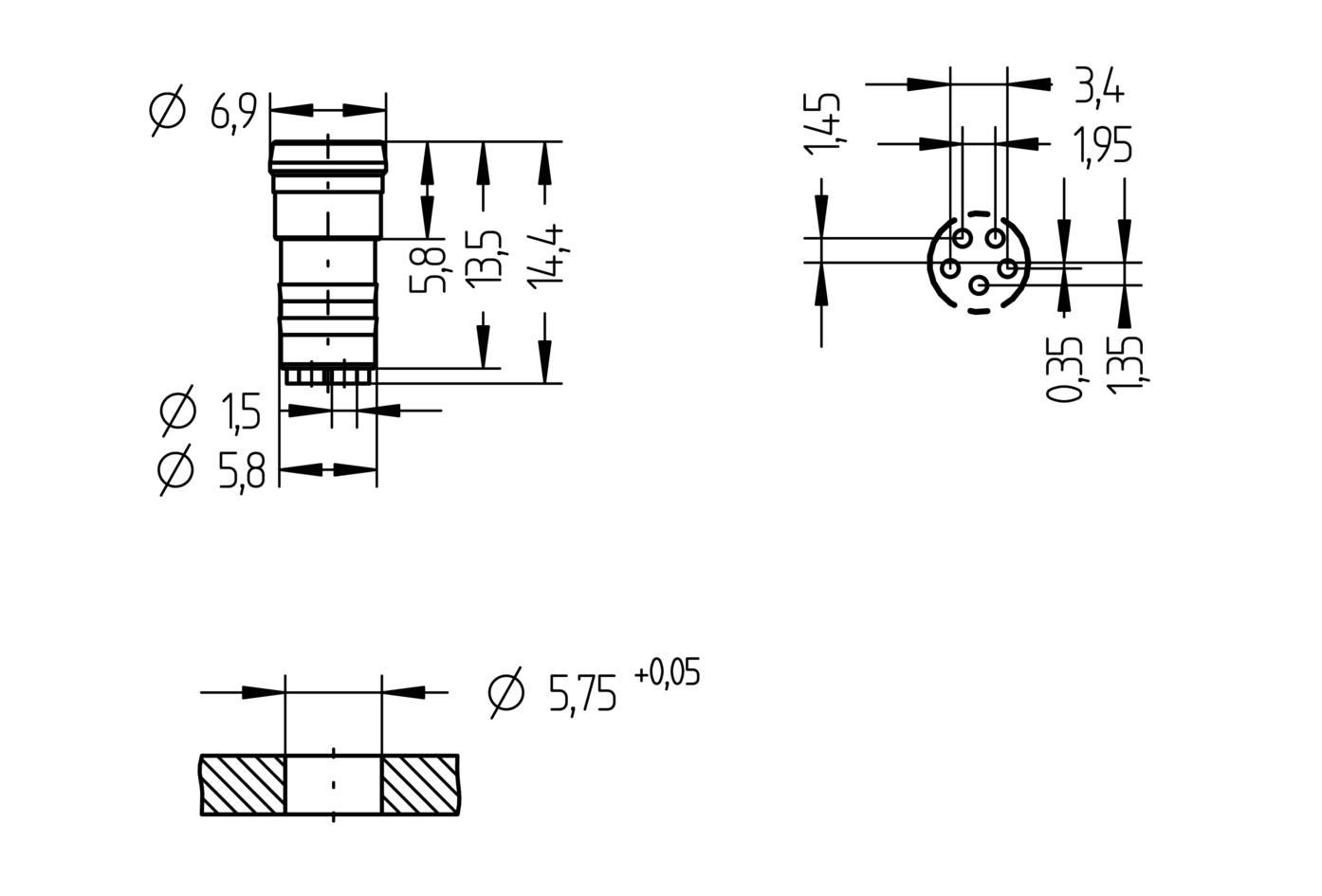 Panel connector, Ø8mm snap, male, straight, 5 poles, soldering contact