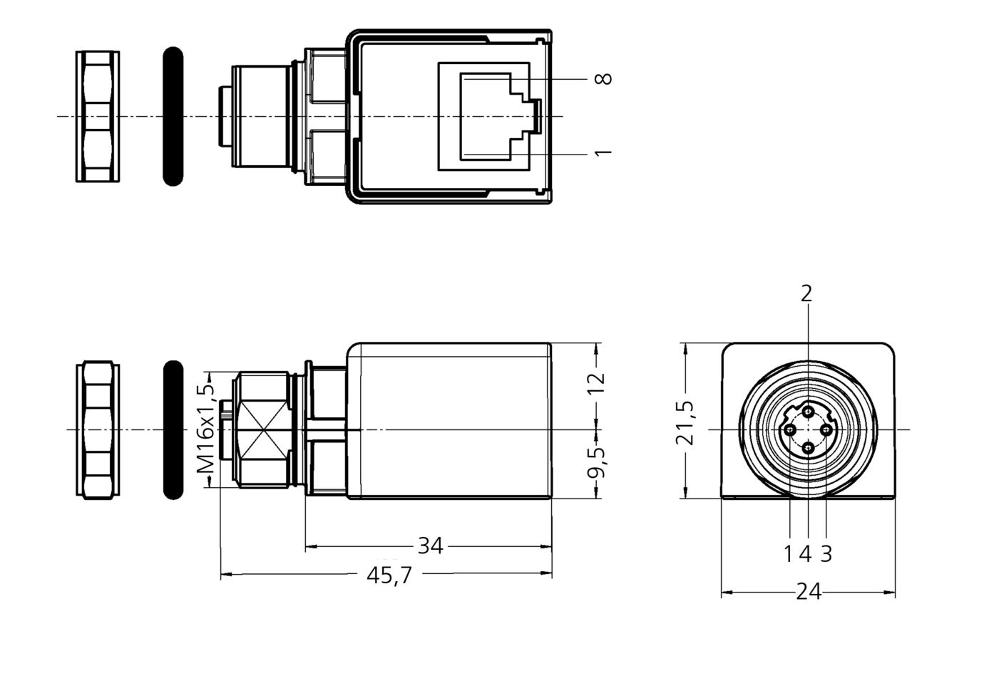 Wanddurchführung, M12, Buchse, gewinkelt, 4-polig, D-codiert, RJ45, Buchse, gerade, 8-polig, Hinterwandmontage, geschirmt, Industrial Ethernet