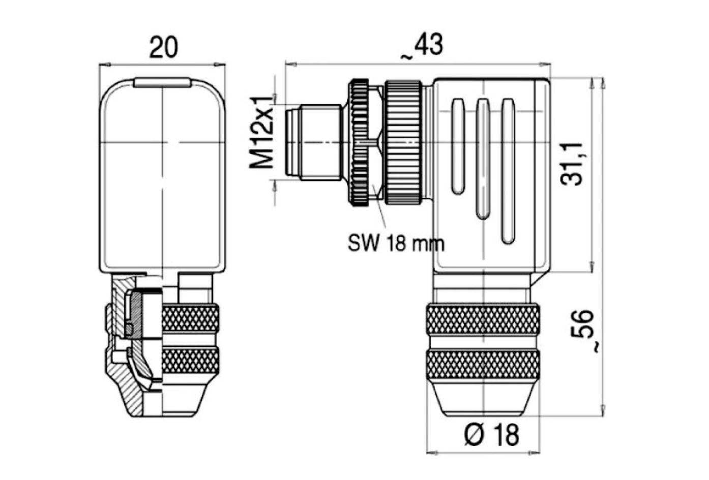 Field-wireable, M12, male, angled, 5 poles, B-coded, screw-/clamp contact, shielded, 125V 4A