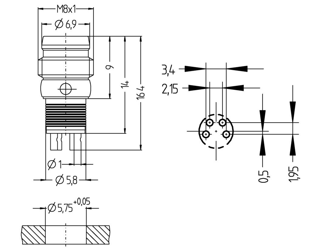 Einbaustecker, Ø8mm snap, Stecker, gerade, 4-polig, Lötanschluss