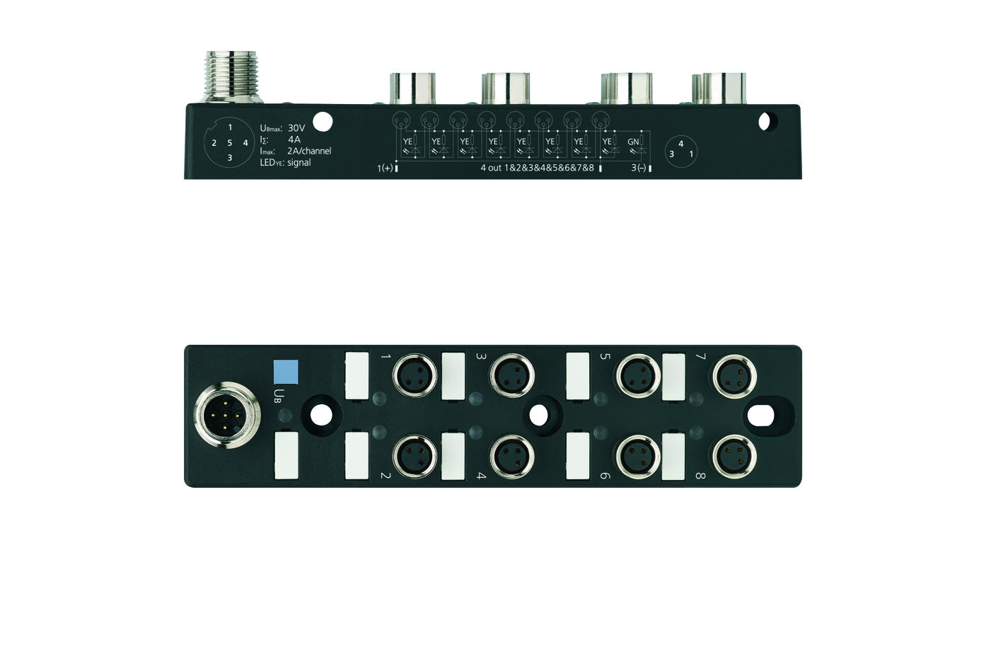 I/O-junctions passive, 8 ports, top contact, M8, female, 3 poles, M12, male, 5 poles