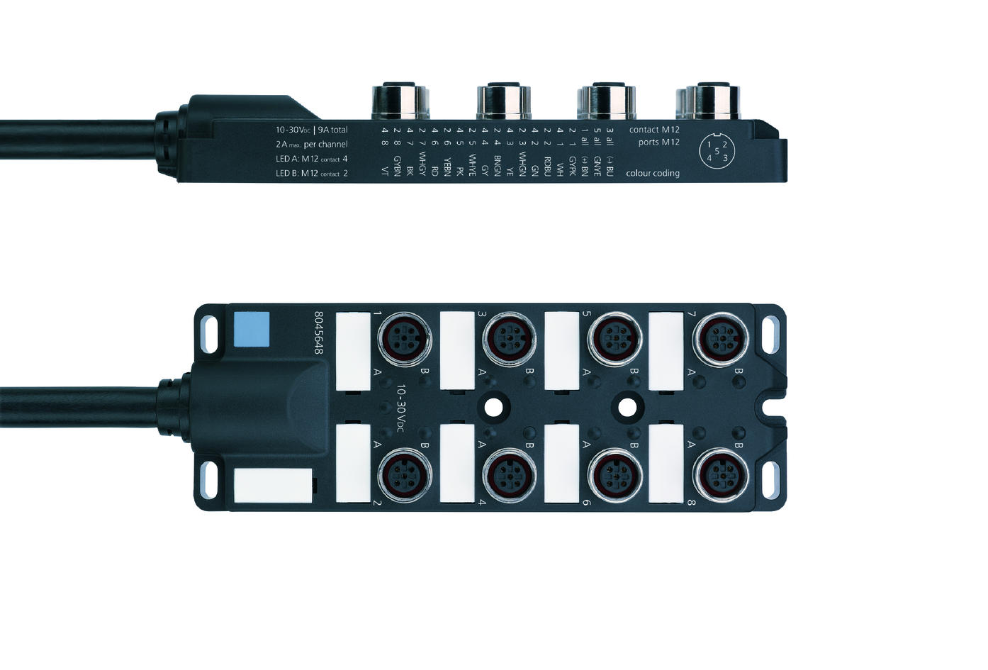 I/O-junctions passive, 8 ports, fixed cable connection, M12, female, 3+PE