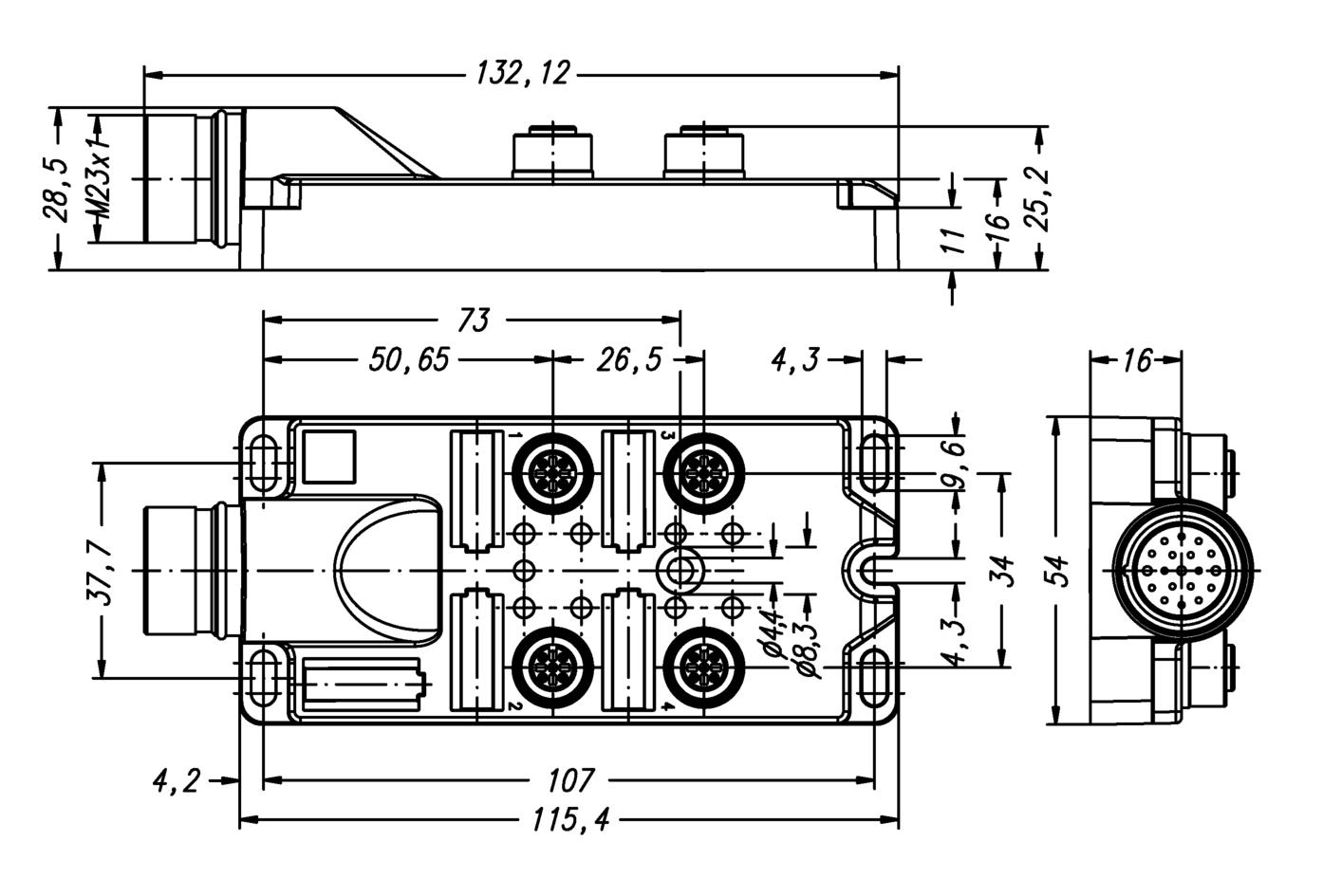 I/O-junctions passive, 4 ports, front contact, M12, female, 3+PE, M23, male, 12 poles