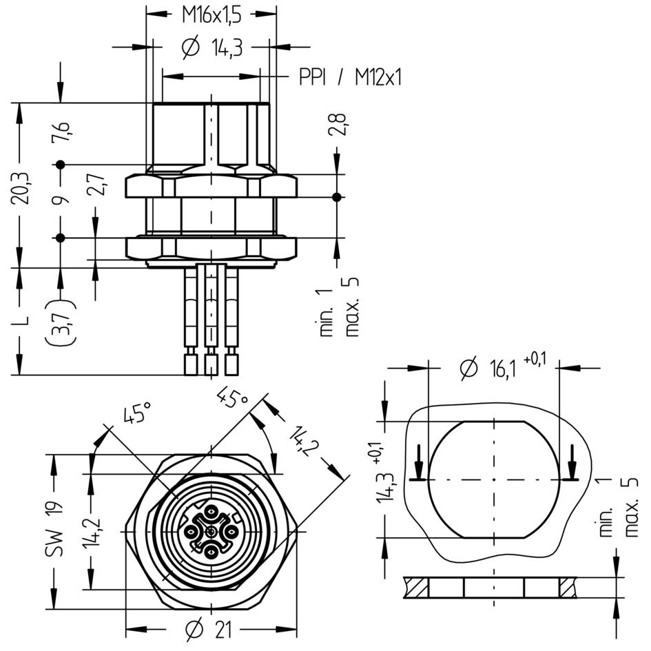 Receptacle, M12, Push-Pull inner locking, female, straight, 4 poles, D-coded, back wall-mounting, wire contact, Industrial Ethernet