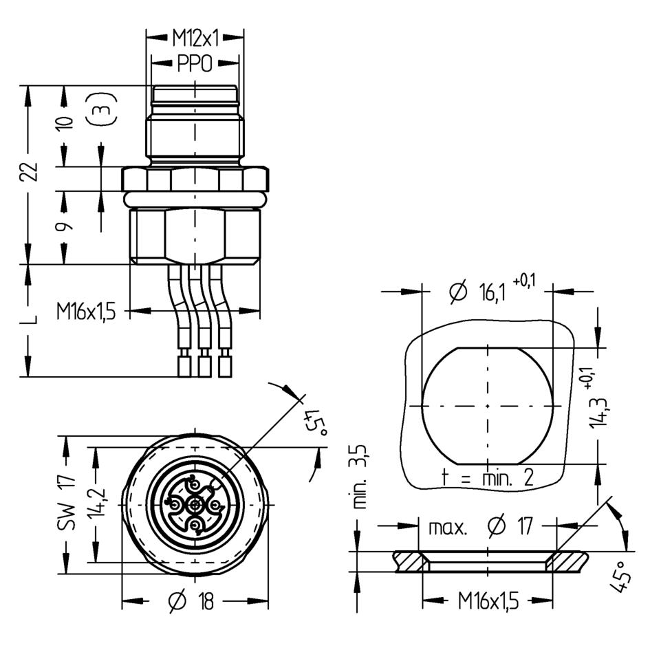 法兰, M12, Push-Pull outer locking, 公头, 直型, 5针脚, 前面板安装, 线芯连接