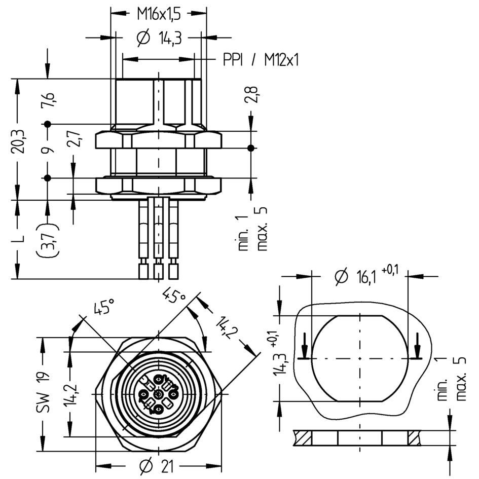 Receptacle, M12, Push-Pull inner locking, female, straight, 5 poles, back wall-mounting, wire contact