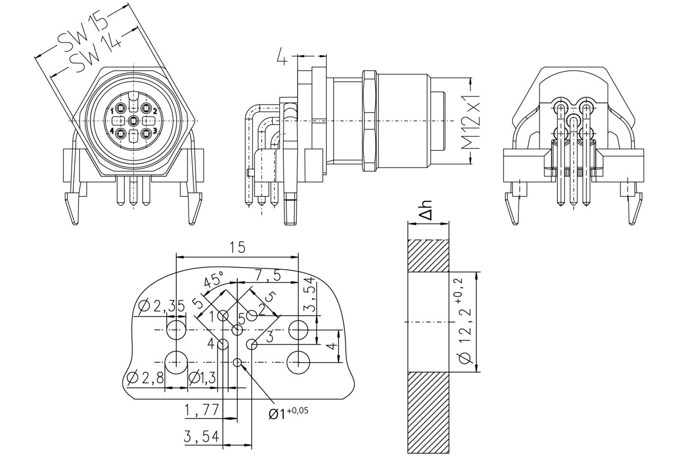 Receptacle, M12, female, angled, 4+PE, back wall-mounting, print contact