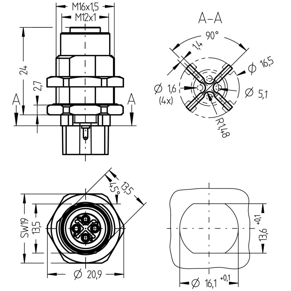 Receptacle, M12, female, straight, 3+PE, S-coded, back wall-mounting, with insulating cross, print contact, POWER