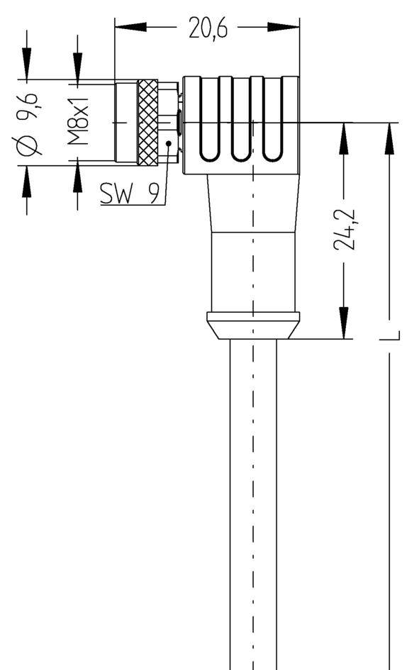 M8, 母头, 弯型, 5针脚, M8, 公头, 弯型, 5针脚, 屏蔽, 传感器/执行器电缆