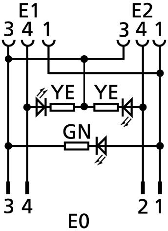 Y-splitter, M12, male, straight, 4 poles, M12, female, straight, 3 poles, M12, female, straight, 3 poles, with LED