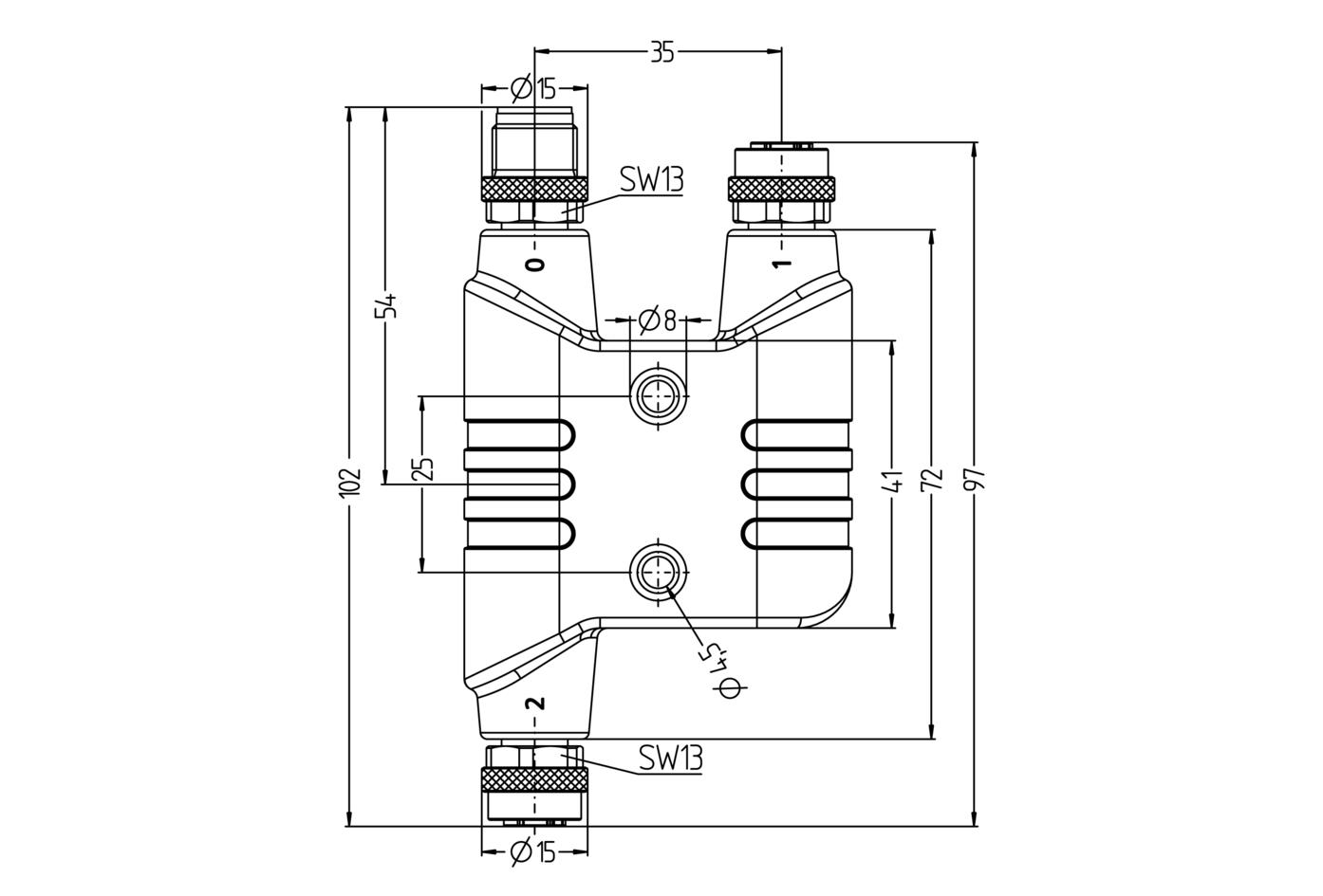 h-splitter, M12, male, straight, 4+PE, K-coded, M12, female, straight, 4+PE, K-coded, POWER