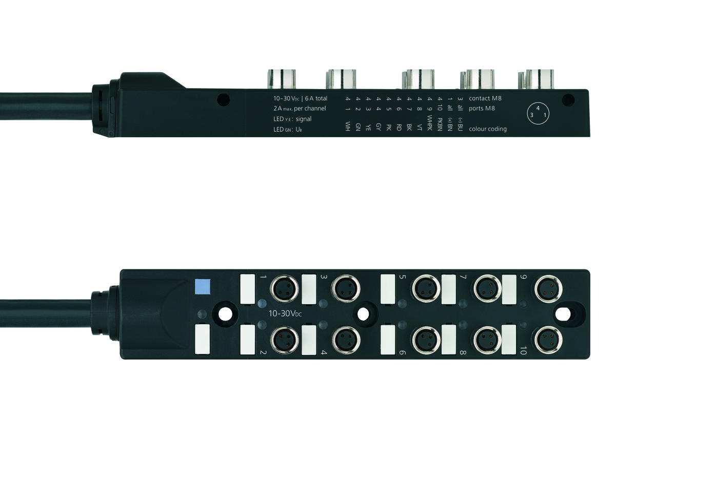 I/O-junctions passive, 10 ports, fixed cable connection, M8, female, 3 poles