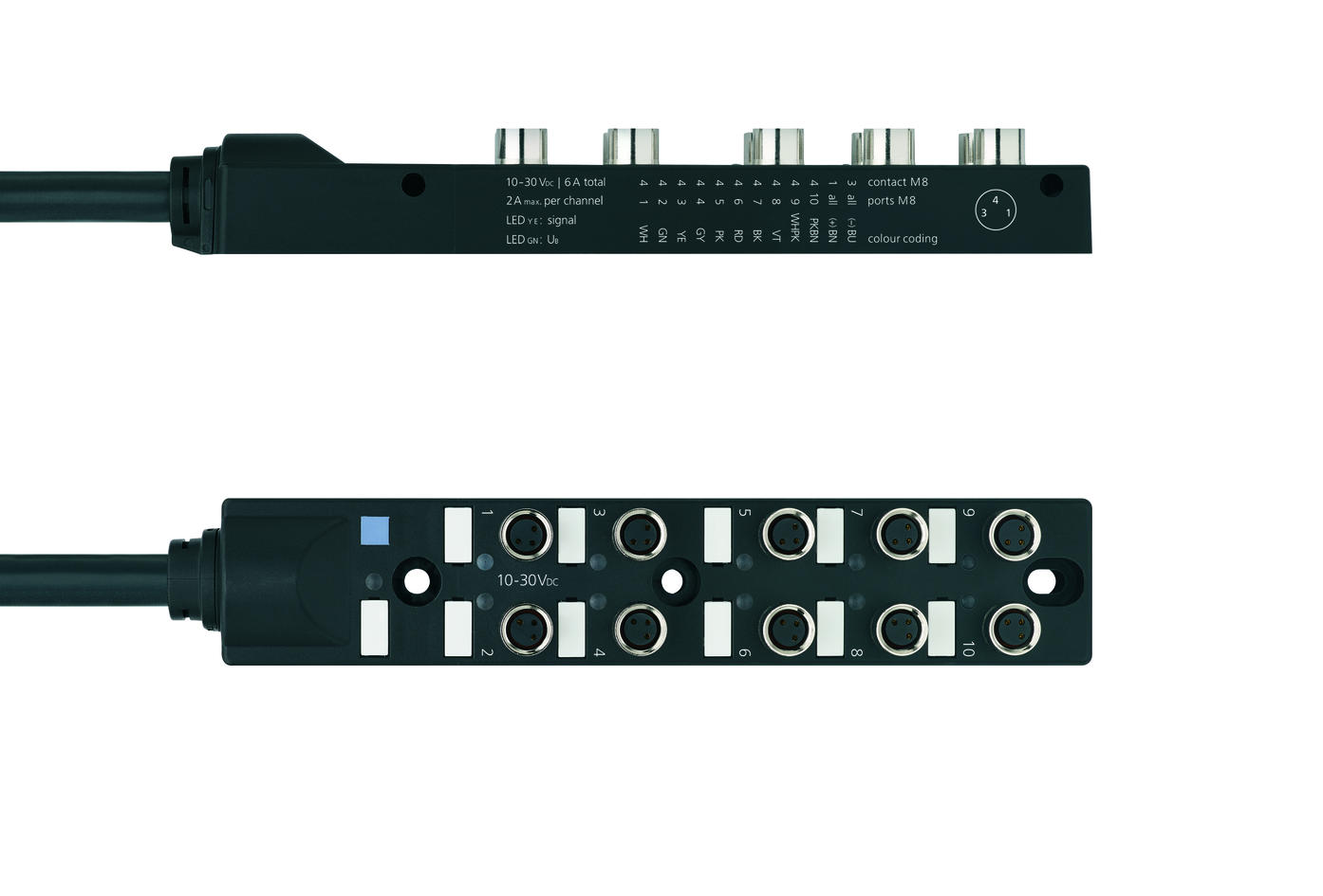 I/O-分线盒 被动, 10 ports, 固定电缆连接, M8, 母头, 3针脚