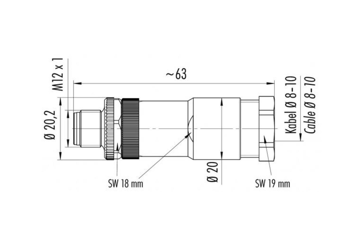 Field-wireable, M12, male, straight, 3+PE, S-coded, screw-/clamp contact, 630V 12A